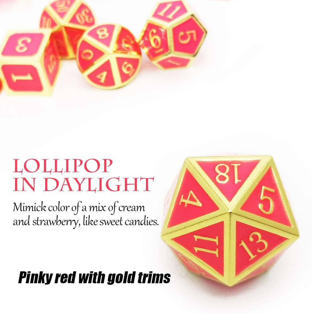 Haxtec Glow in The Dark Metal DND Dice Set Gold Pink D&D Dice Compatible with Dungeons and Dragons-Gold Glowing Red/Cream Pink