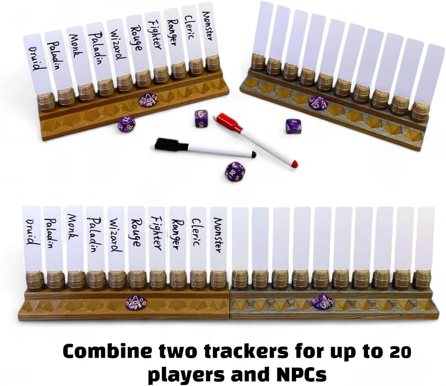 Initiative Tracker with 10 Barrel Slots, Erasable Name Tags, and Dice for Tracking Order. Ideal for DND and Other TTRPGs Brown