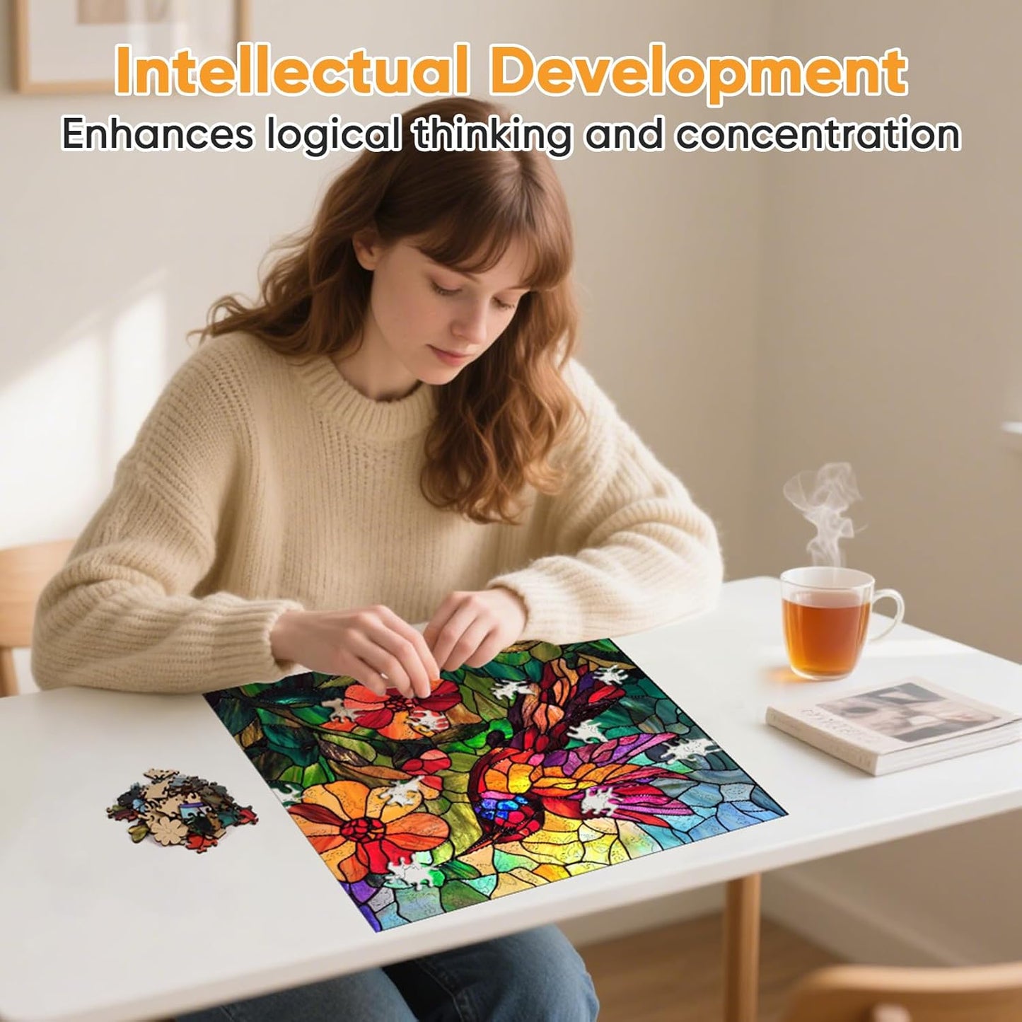 Wooden Puzzles for Adults, Stained Glass Puzzles 499 Pieces, Unique Shaped Hummingbird Jigsaw Puzzles for Adults and Kids, Birthday Gifts Fun Challenge Family Game 16.5'' x 16.5''