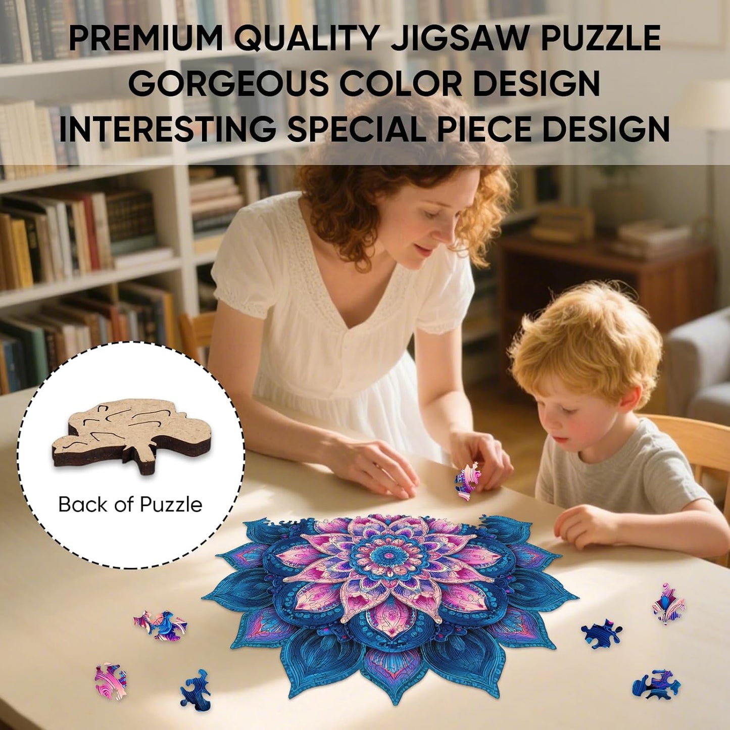 Wooden Puzzles for Adults 471 Pieces, Mandela Lotus Jigsaw Puzzles, Unique Design Color Challenge Adult Puzzles for Family Game Gift, Home Decor, 16.4x16.5 inch