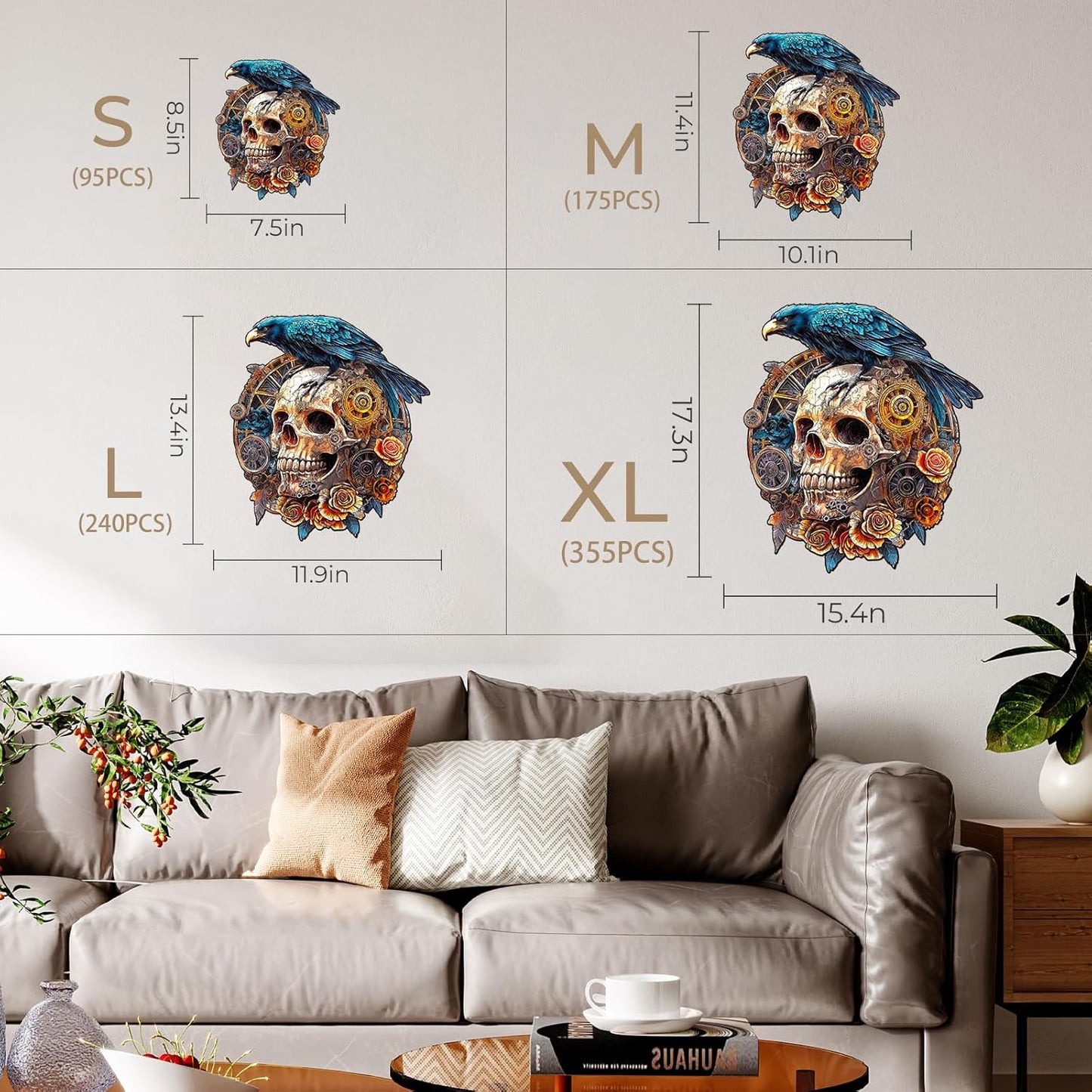 KAAYEE Wooden Puzzles for Adults, 3D Visual Effect Raven & Mechanical Skull Wooden Jigsaw Puzzle Unique Shape Wood Puzzle Adult, 3D Effect Flat Puzzle Birthday Family Games (S-8.5 * 7.5in-95pcs)