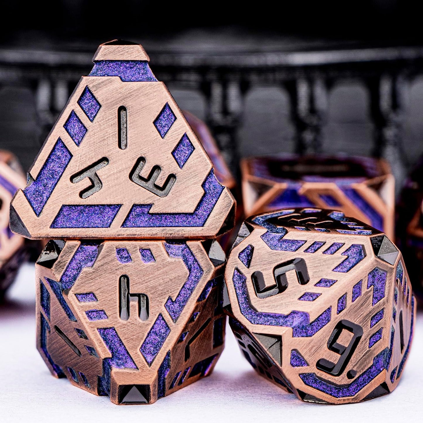 Metal DND Sci-fi Dice Set 7PCS Stripe Polyhedral Dice for Dungeons Dragons RPG Role Playing Game, Glitter D and D Dice with Gift Box D6 D8 D10 D12 D20 (Ancient Bronze&Purple)