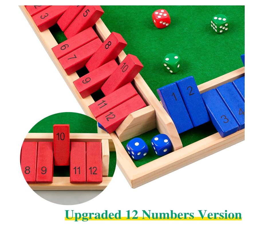 14 inches Shut The Box Dice Game, 2-4 Player Upgraded 12 Numbers Wooden Board Table Math Games for Adults and Kids, 12 Dices Classics Tabletop Version Games for Classroom,Home,Party or Pub