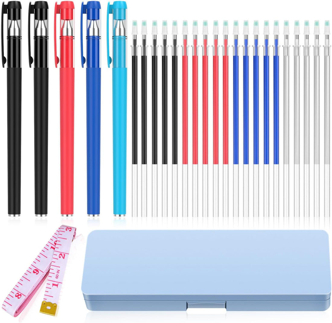 fabric markers for sewing, heat erasable pens for fabric sewing and quilting, 5 pens + 20 refills, embroidery fabric pen, disappearing ink pen for fabric, tailors marking, sewing supplies.