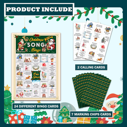 Christmas Bingo Games for 24 Players, Christmas Song Bingo Cards for Adults Large Group, Winter Hoilday Party Supplies, Family Activities New Year Favors -06
