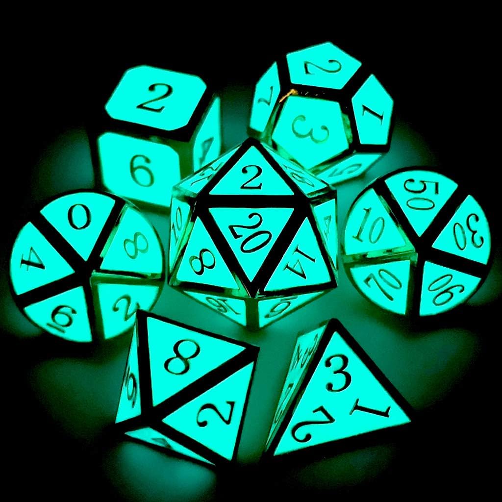 Haxtec Glow in The Dark Glowing Blue Metal Dice Set D&D W/Dragon Dice Bag 7PCS DND Dice Set Compatible with Dungeons and Dragons RPG Games-Gold Glowing Blue-V2