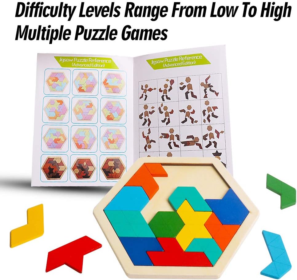 Skrtuan Wooden Hexagon Puzzle for Kid Adults Brain Teaser Blocks Puzzles Games Toy Shape Pattern Block Tangram Geometry Logic IQ STEM Montessori Educational Gift for Kids Children Boys Girls