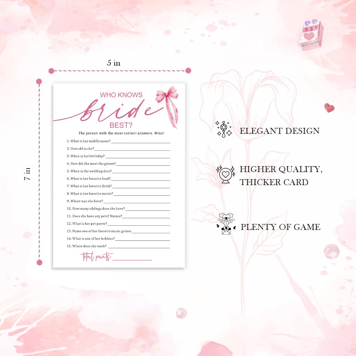 Wedding Shower Games Cards, Who Knows The Bride Best, Bridal Shower Games 25 Guests, Engagement Party Wedding Games for Guests, Pink Ribbon Bow Wedding Party Supplies - E03