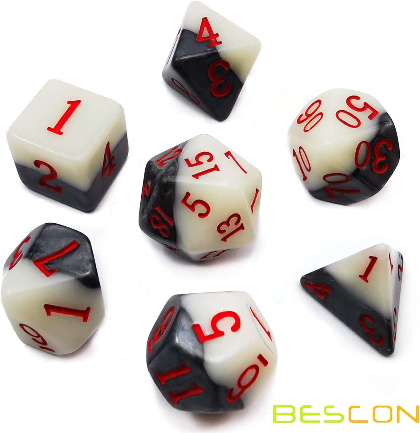 Bescon Two-Tone Glowing Polyhedral Dice 7pcs Set Green Dawn, Luminous RPG Dice Set d4 d6 d8 d10 d12 d20 d%, Brick Box Packaging