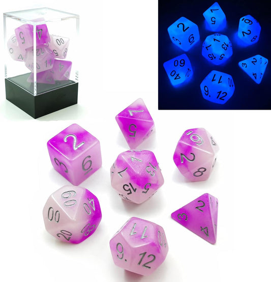Bescon Two Tone Glowing Polyhedral Dice 7pcs Set Frosty Amethyst, Luminous RPG Dice Glow in Dark, DND Role Playing Game Dice