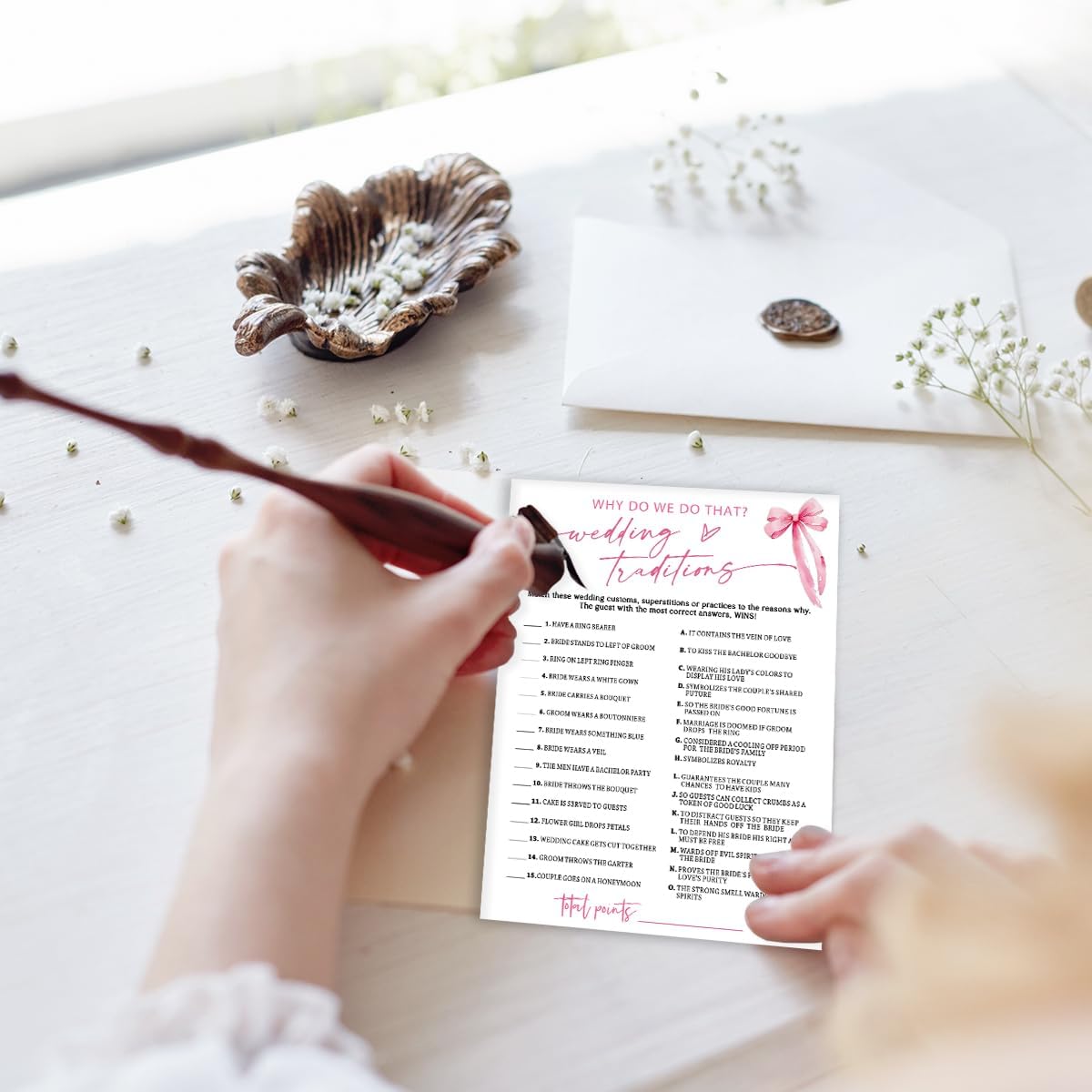 Bridal Shower Games Cards, Wedding Traditions Why Do We Do That, 25 Cards with 1 Answer Card, Engagement Party Games for Guests, Pink Ribbon Bow Wedding Party Supplies - E08