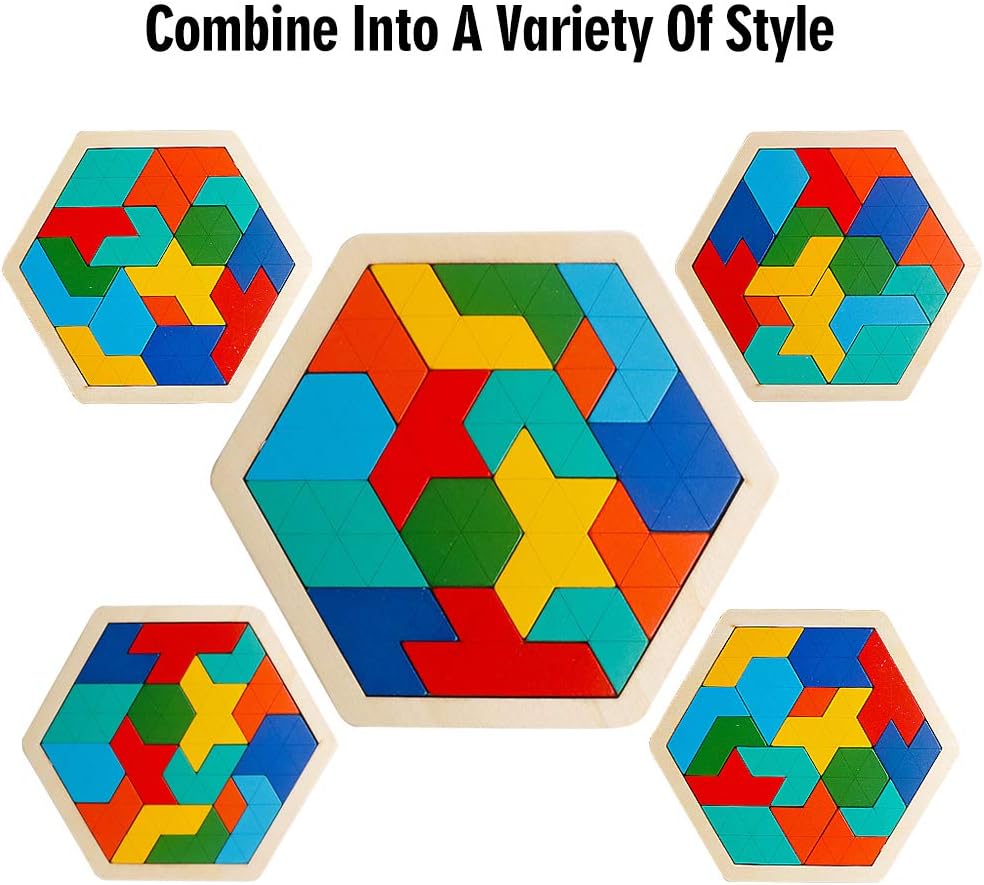 Skrtuan Wooden Hexagon Puzzle for Kid Adults Brain Teaser Blocks Puzzles Games Toy Shape Pattern Block Tangram Geometry Logic IQ STEM Montessori Educational Gift for Kids Children Boys Girls