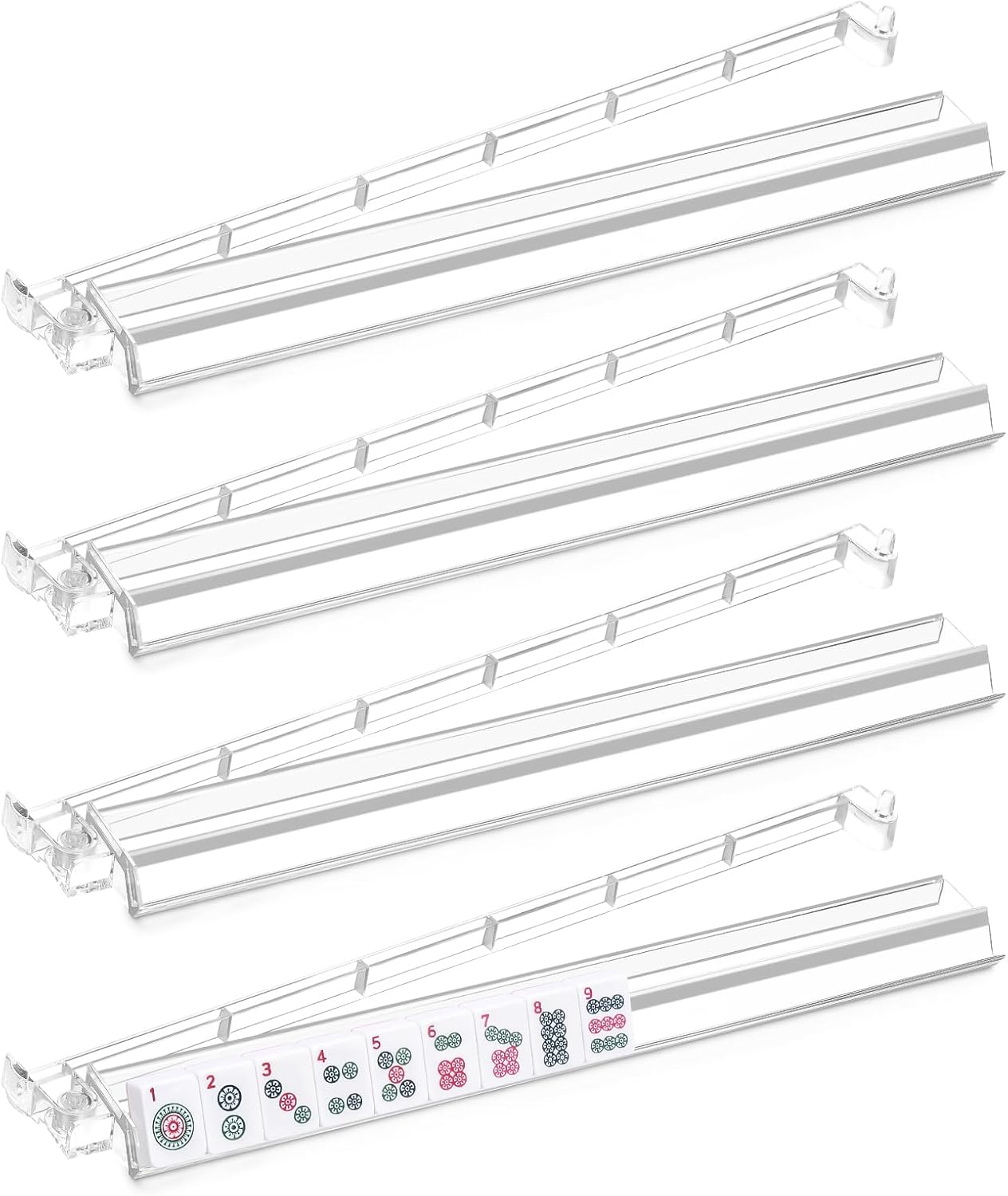Mahjong Racks with Pushers Set of 4, Mahjong Tile Pushers and Racks, Acrylic Majiang Tile Holders Accessories (Clear)