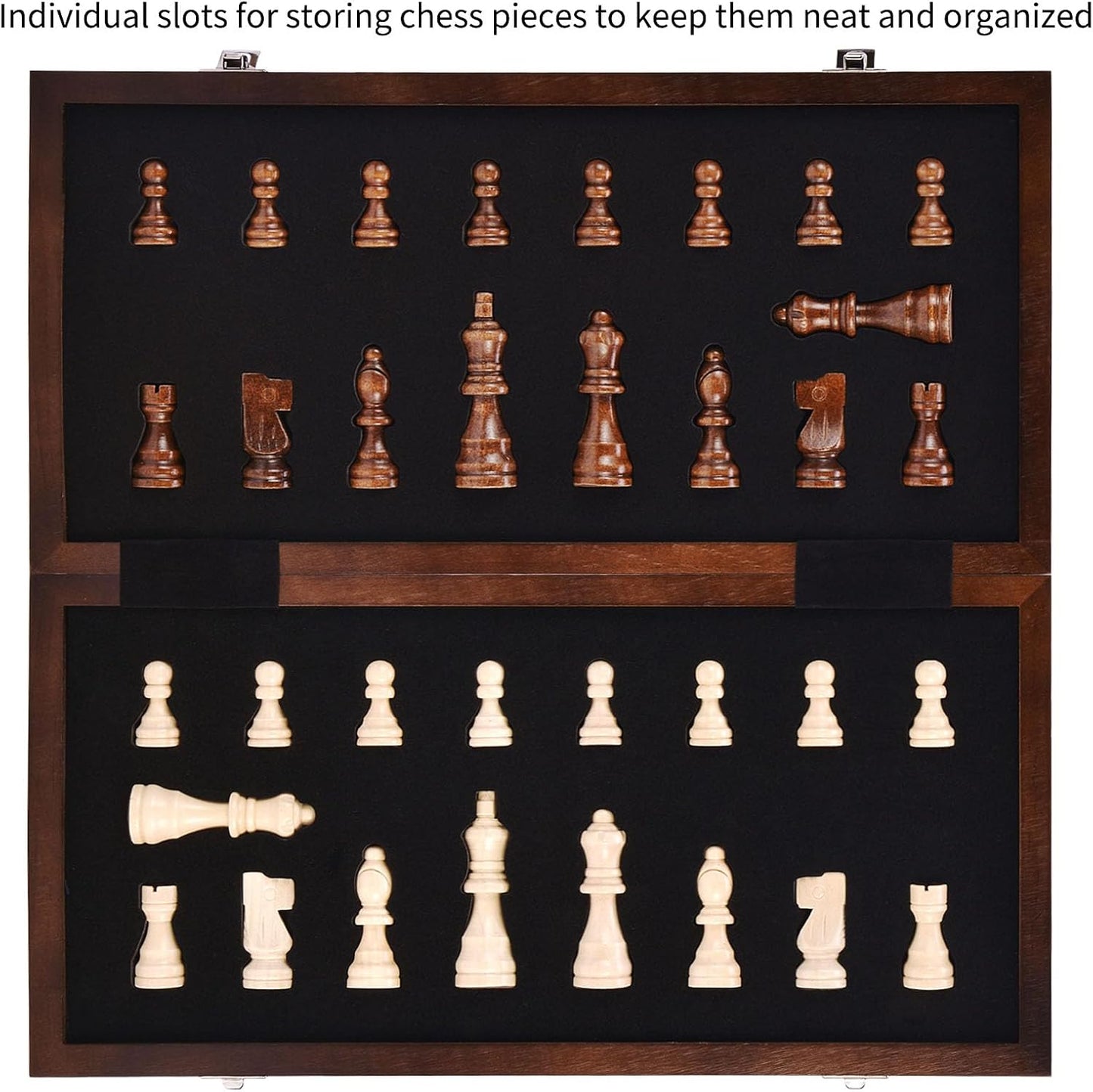 AMEROUS 15 Inches Magnetic Wooden Chess Set with 2 Extra Queens/Folding Board/Chess Pieces Storage Slots/Instructions, Portable Travel Chess Game for Beginner/Classic Board Game