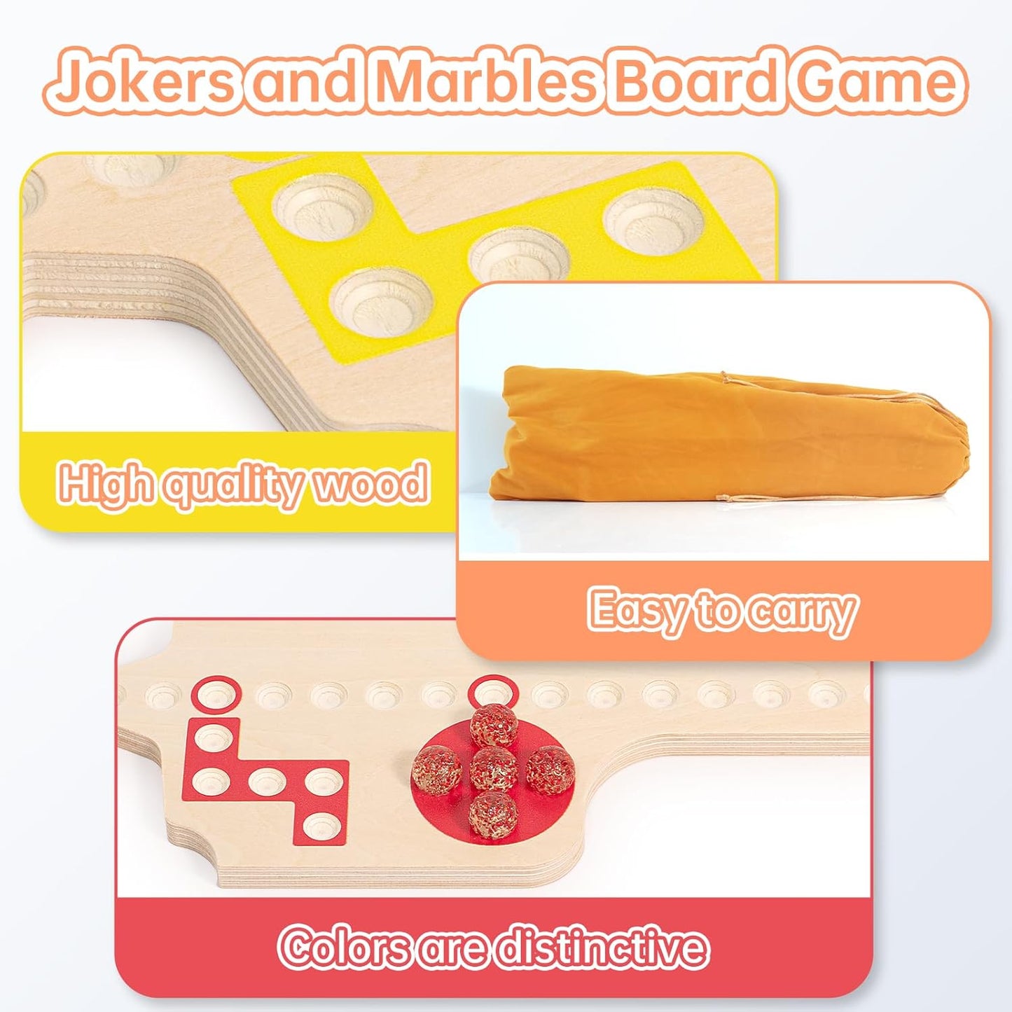 Jokers and Marbles Board Game, Wooden Marble Game for 2-6 Players, Portable Jokers Game with 30 Marbles 3 Decks of Cards 2 Storage Bags for Family Game Night and Holiday Party