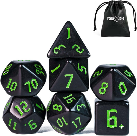 7-Die DND Dice Set Polyhedral Dice Set with a Leather Dice Bag, D&D Dice Set for Dungeons and Dragons, RPG Table Games (Black)