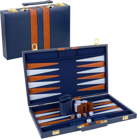 Backgammon Set 2 Players Classic Backgammon Sets for Adults Board Game with PU Leather Case Portable and Travel Backgammon Set (Navy, 18inch)