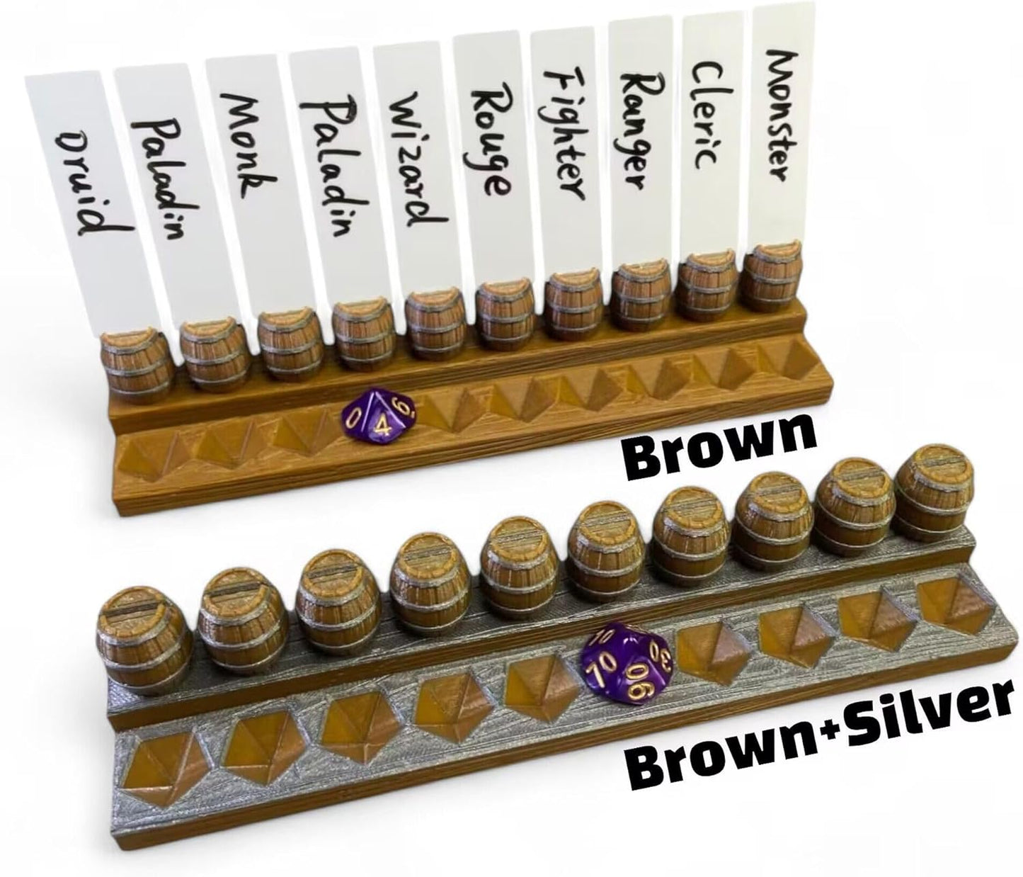 Initiative Tracker with 10 Barrel Slots, Erasable Name Tags, and Dice for Tracking Order. Ideal for DND and Other TTRPGs Brown with Silver