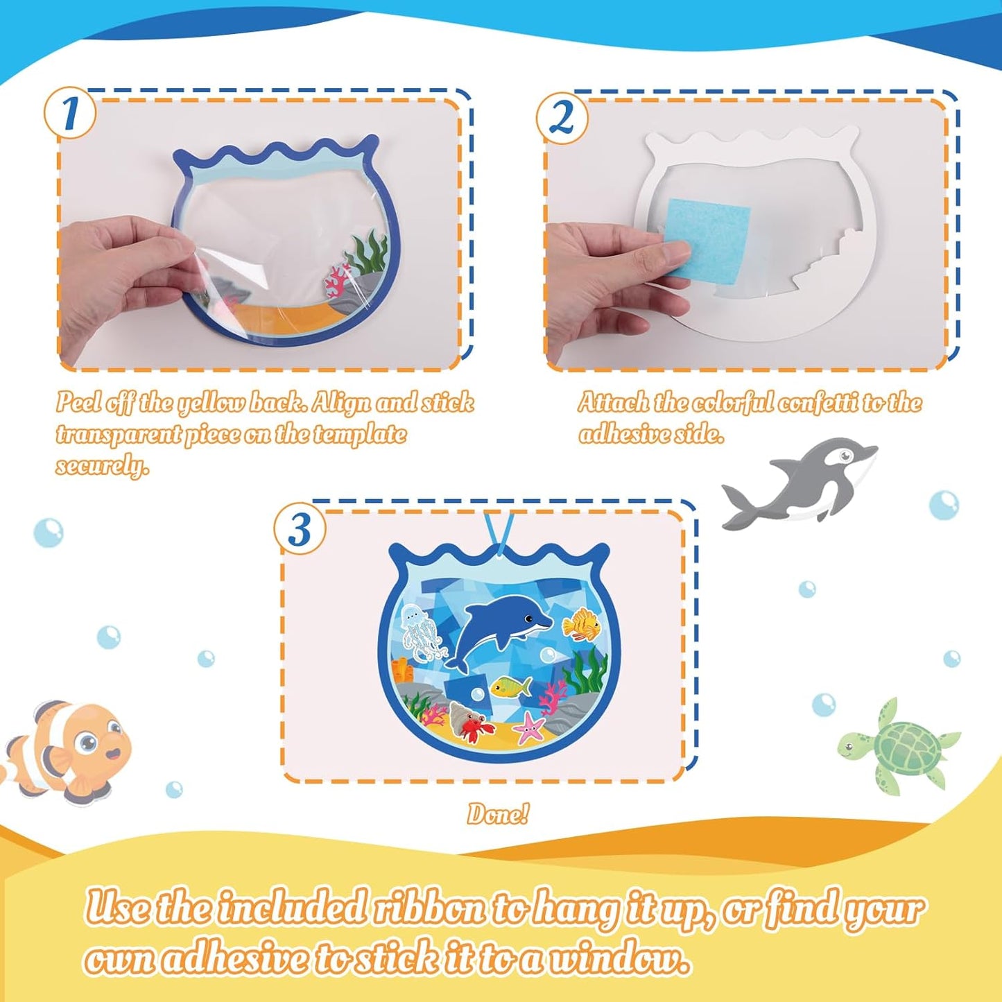 36PCS Summer Activities Crafts Bulk: Sea Animal Ocean Scene Paper Suncatchers, Under the Sea Party Fish Stickers DIY Kit School Classroom Decorations, Window Stained Glass Effect Art Supplies