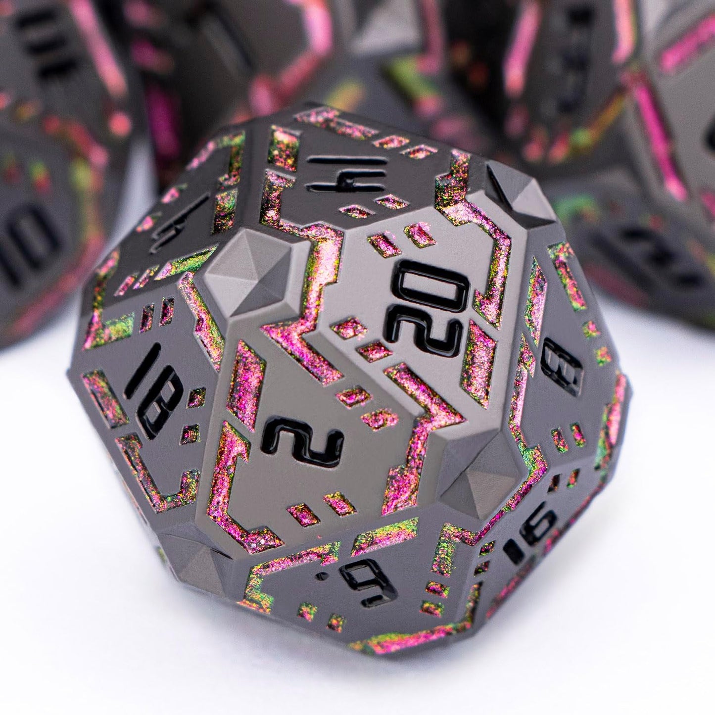 Metal DND Sci-fi Dice Set 7PCS Stripe Polyhedral Dice for Dungeons Dragons RPG Role Playing Game, Glitter D and D Dice with Gift Box D6 D8 D10 D12 D20 (Black&Purple Red)