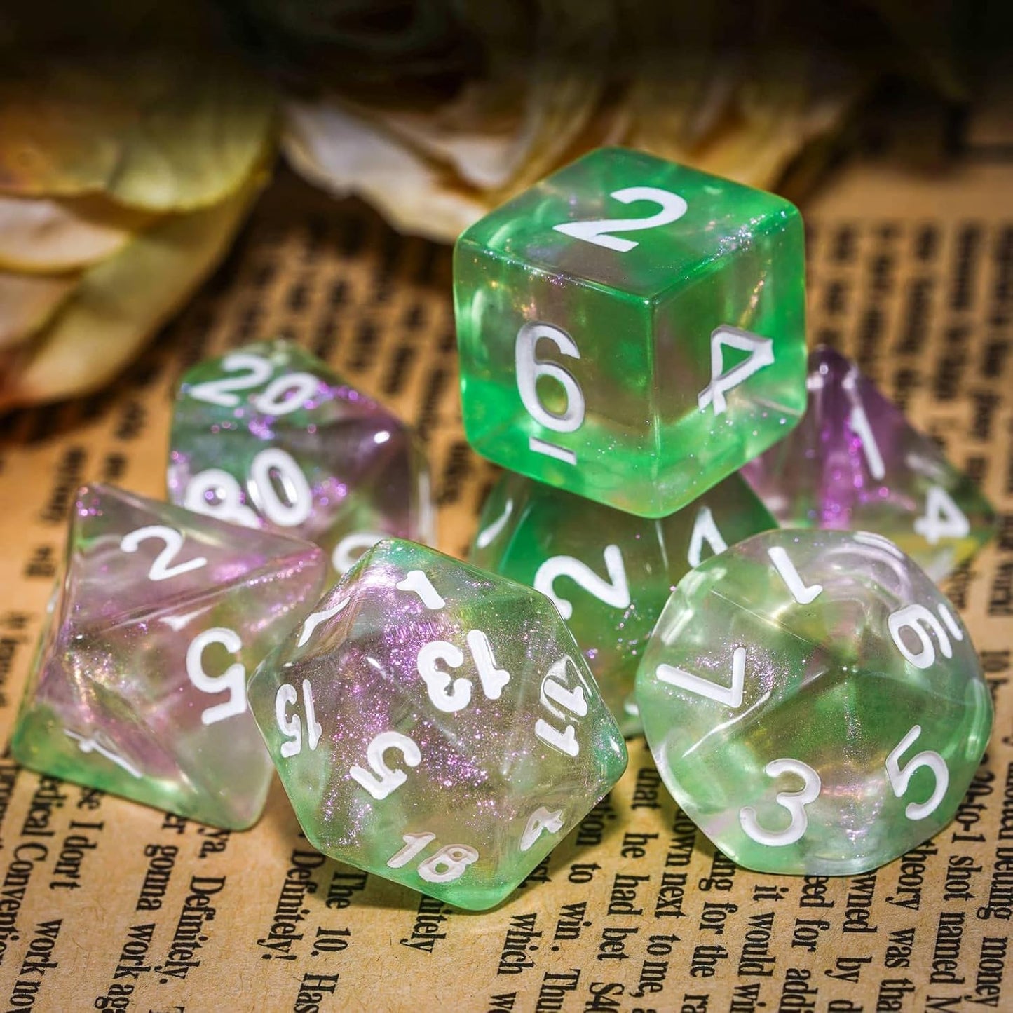 7-Die DND Dice Set Polyhedral Dice Set with a Leather Dice Bag, D&D Dice Set for Dungeons and Dragons, RPG Table Games (Green Pink/Glitter)