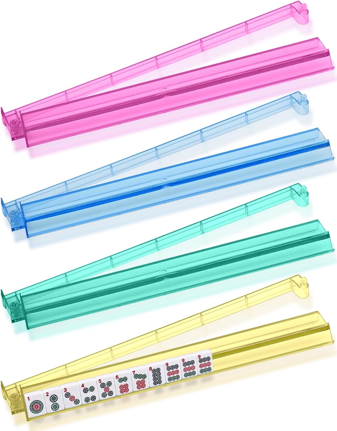Mahjong Racks with Pushers Set of 4, Plastic American Mahjong Tile Racks 4 Colors, Mah Jongg Accessories Gifts for Mj Enthusiast