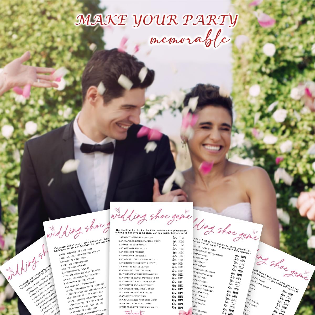 Wedding Shower Games Cards, Wedding Shoe Game, Bridal Shower Games 25 Guests, Engagement Party Wedding Games for Guests, Pink Ribbon Bow Wedding Party Supplies - E04
