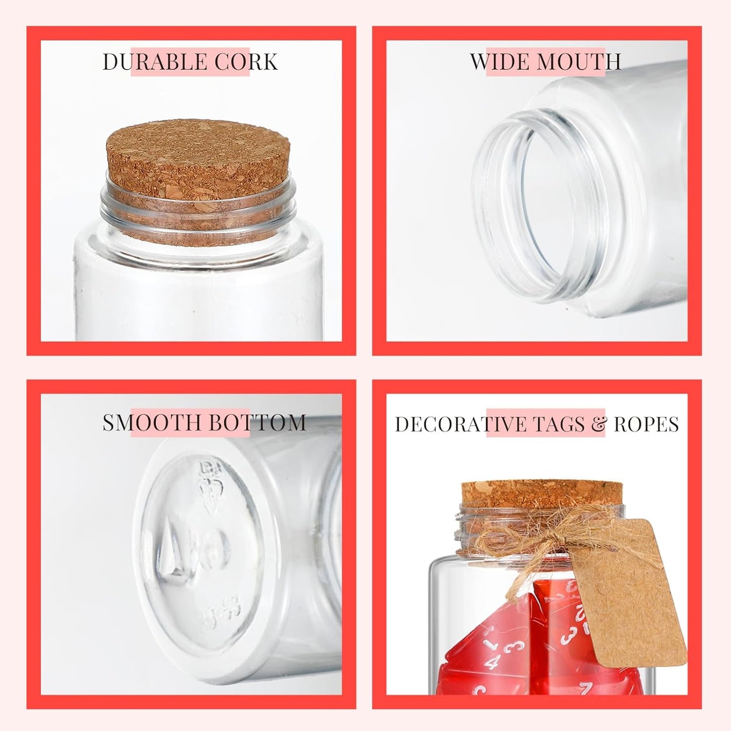 Wettarn 120 Pcs Transparent Red D4 Dice6 Pcs Pot Bottles Plastic Favor Jars with Cork Lids Healing Potion Bottles Polyhedral Dice Set for Party Favors Table Games(Round Style)