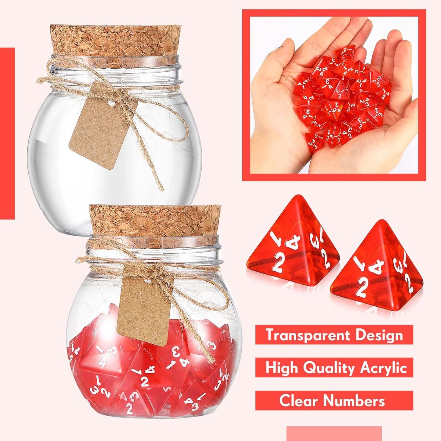 Wettarn 120 Pcs Transparent Red D4 Dice6 Pcs Pot Bottles Plastic Favor Jars with Cork Lids Healing Potion Bottles Polyhedral Dice Set for Party Favors Table Games(Ball Style)