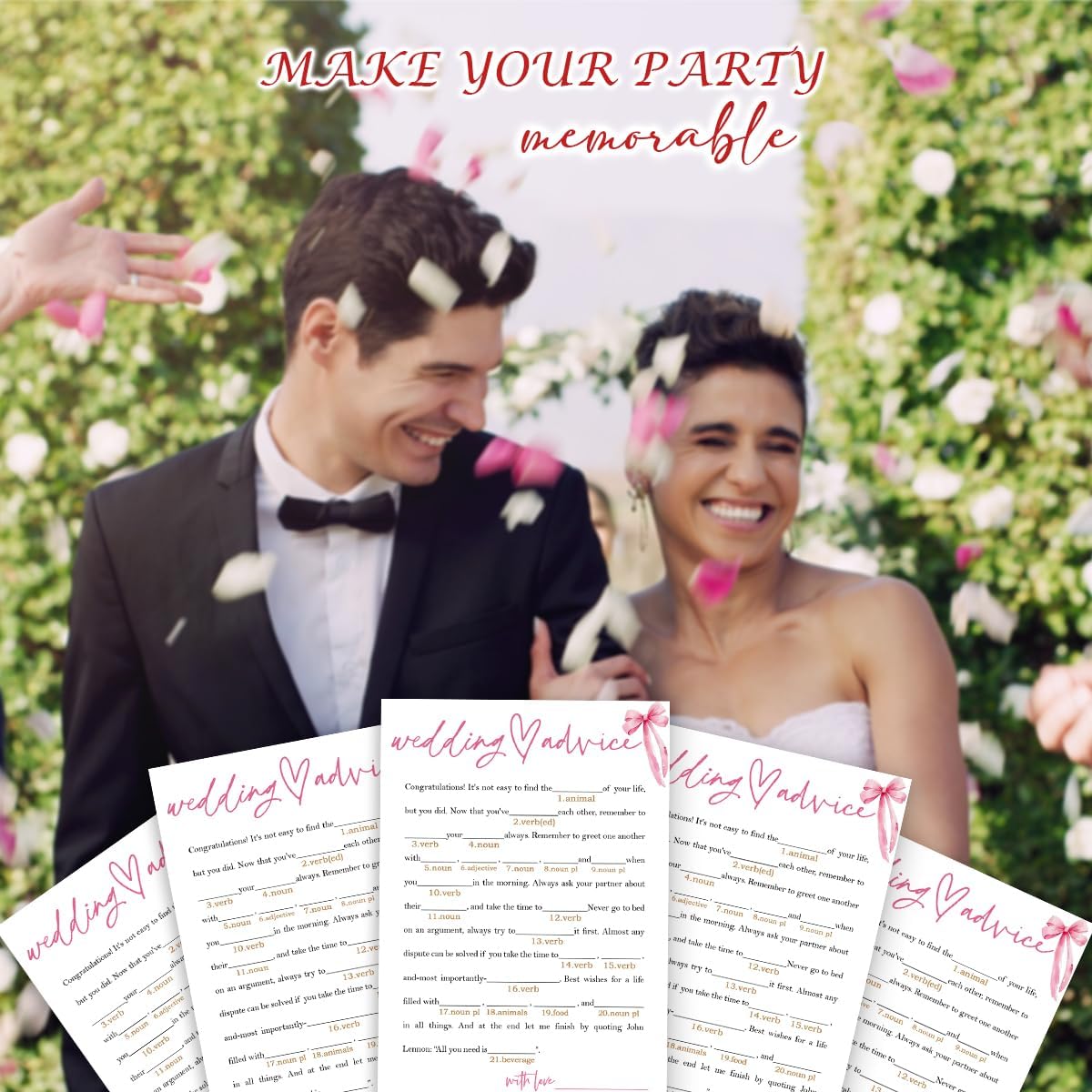 Wedding Shower Games Cards, Wedding Advice Word Game, Bridal Shower Games 25 Guests, Engagement Party Wedding Games for Guests, Pink Ribbon Bow Wedding Party Supplies - E06