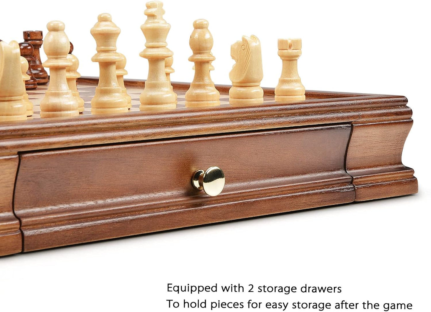 AMEROUS 12.8" x 12.8" Magnetic Wooden Chess Set with 2 Built-in Storage Drawers - 2 Bonus Extra Queens - Gift Packaging - Staunton Chess Pieces, Board Games Chess Sets for Adults and Kids