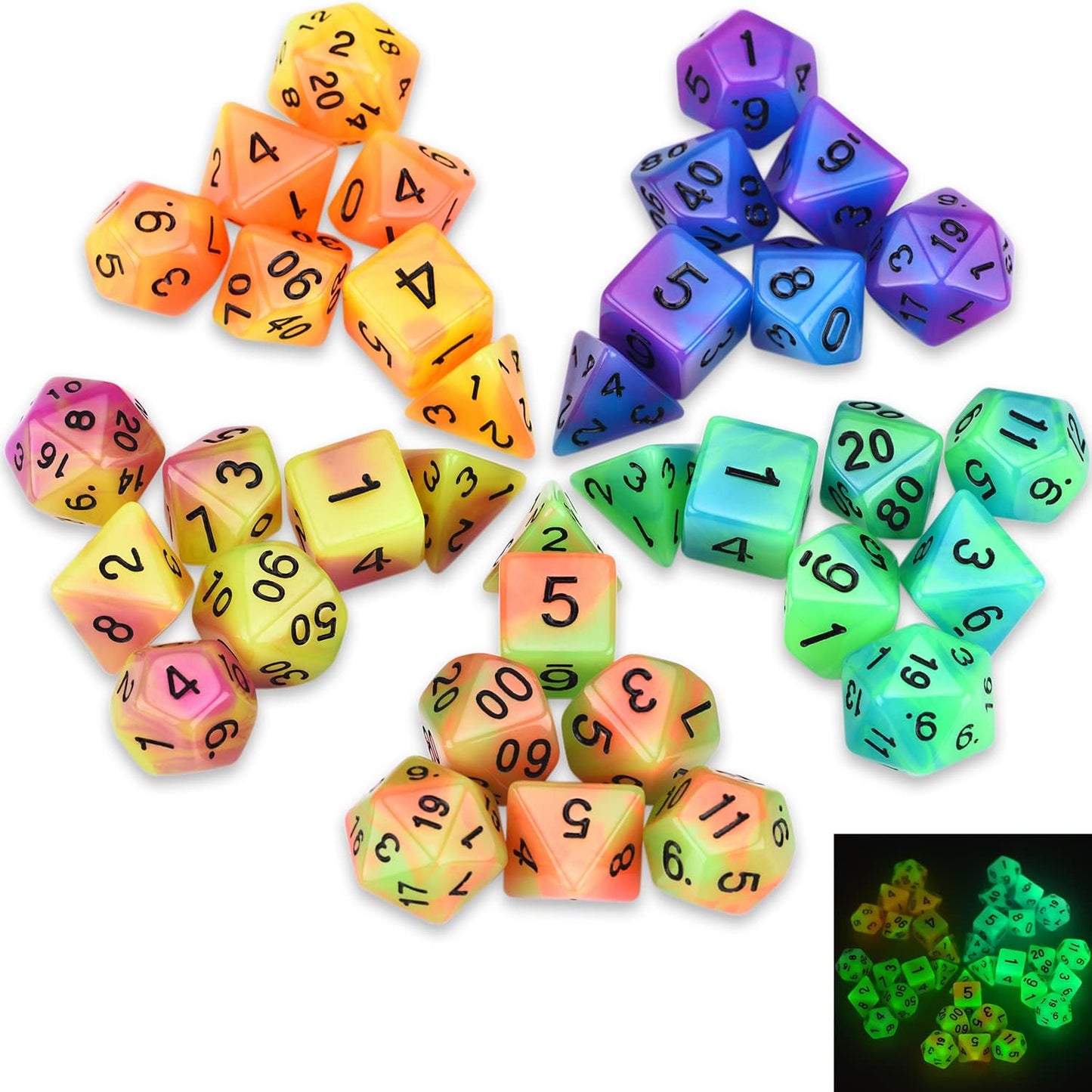 Glow in The Dark DND Dice Set 11 x 7 Polyhedral Dice (77pcs) for Dungeons and Dragons Tabletop Role-Playing Games, with a Drawstring Bag