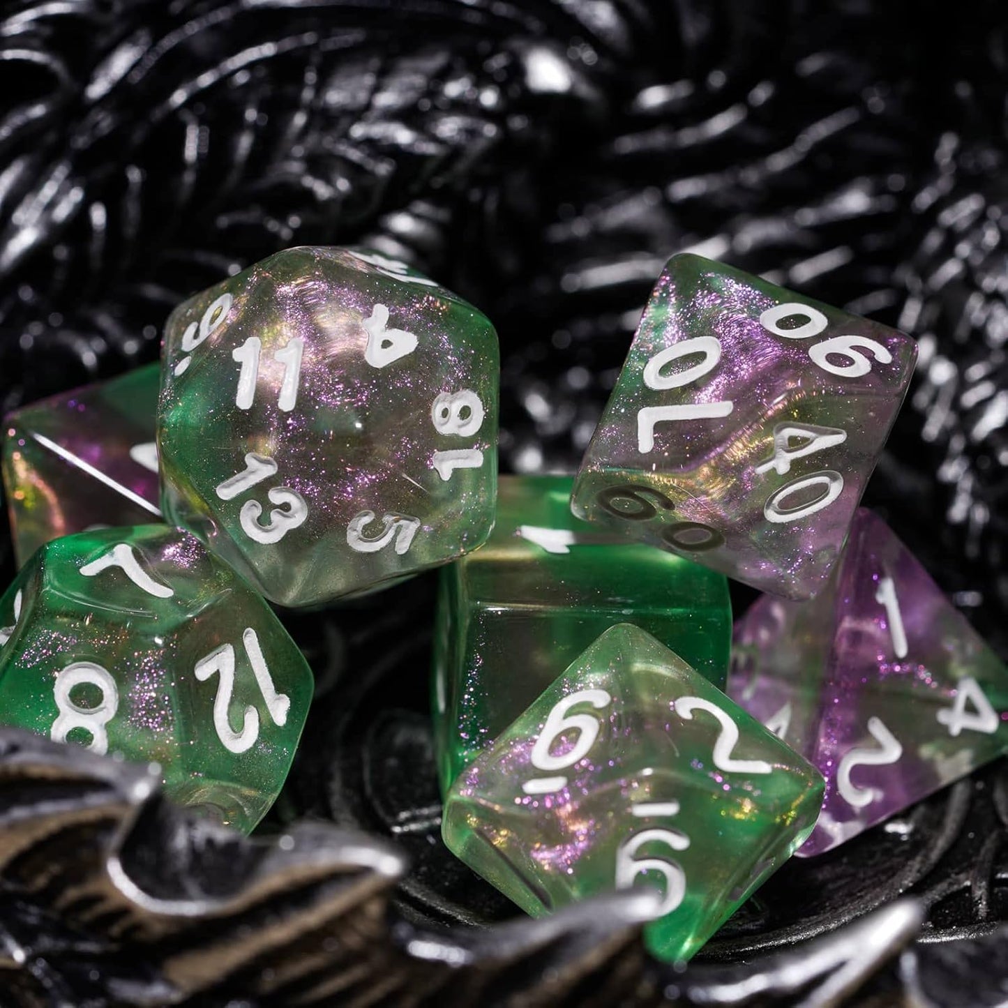 7-Die DND Dice Set Polyhedral Dice Set with a Leather Dice Bag, D&D Dice Set for Dungeons and Dragons, RPG Table Games (Green Pink/Glitter)