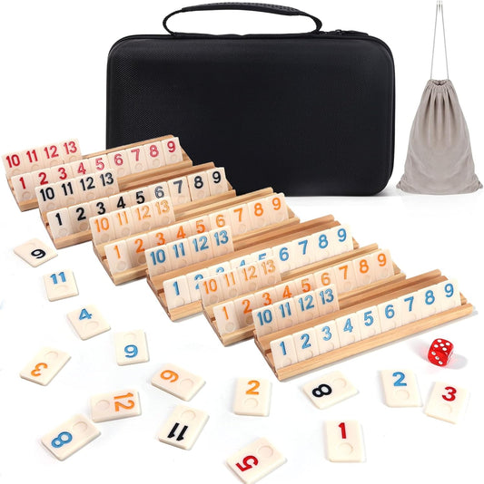 Upgraded 2-6 Players Rummy Cube Board Game Set with 6 Wooden Racks, 160 Tiles, Portable Case, Drawstring Bag and Dice, for Adults Friends Night Gifts Travel Party Sharpens Brain