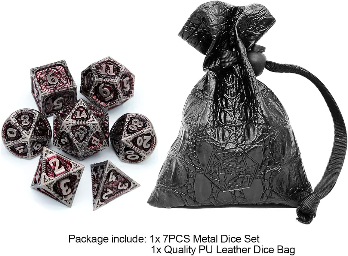 Haxtec DND Dice Set Metal D&D Dice Set with Leather Dice Bag Antique Iron Red Metal Polyhedral Dice Compatible with Dungeons and Dragons TTRPG Gifts
