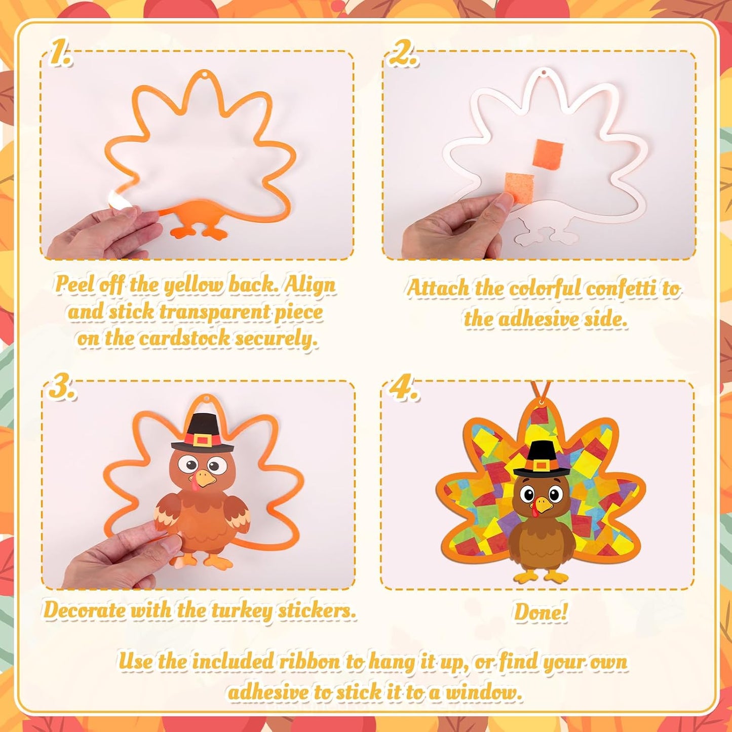 Renbuzhu 36PCS Thanksgiving Crafts Bulk: Turkey Paper Suncatchers DIY Kit for Fall Activities Decorations, Window Stained Glass Effect Art Supplies