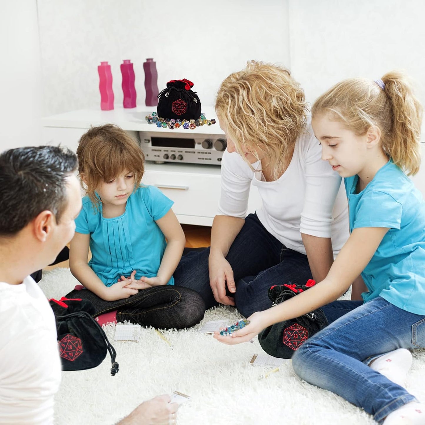 Large Dice Bags with Pockets Black Storage Bag with Drawstrings D20 Logo for DND RPG Game Dices - Capacity 200+ Dice