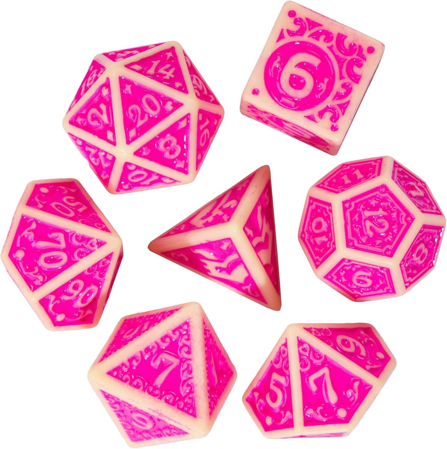 7-Die DND Dice Set New Pattern Polyhedral Dice Set with Leather Bag D&D Die for RPG Table Games(Yellow Pink)