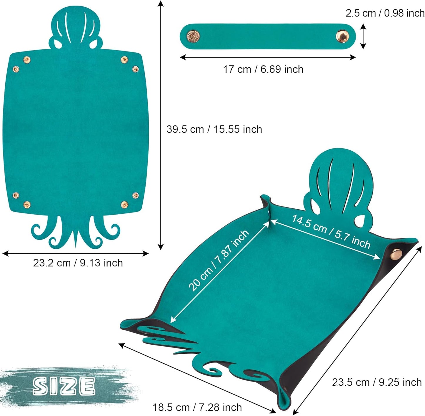 SIQUK 2 Pieces Octopus Dice Rolling Tray PU Leather Dice Mat Folding Scroll Dices Holder Trays for D&D RPG Games (Cyan, Black)