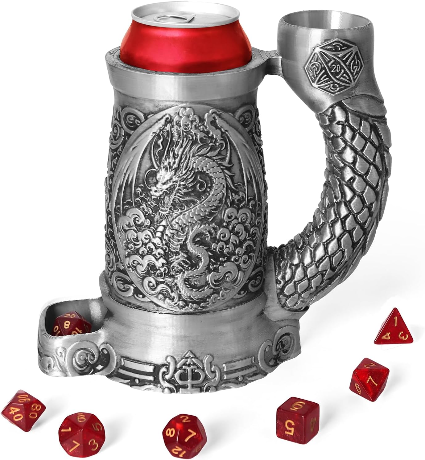 Dice Tower Mug, Dice Rolling Tower, Comes with 7 PCS Dice Set, Suitable for DND Dungeons and Dragons, Tabletop Games, Available As Drink Holder, D&D Gifts, DND Accessories (Silver-Dragon)