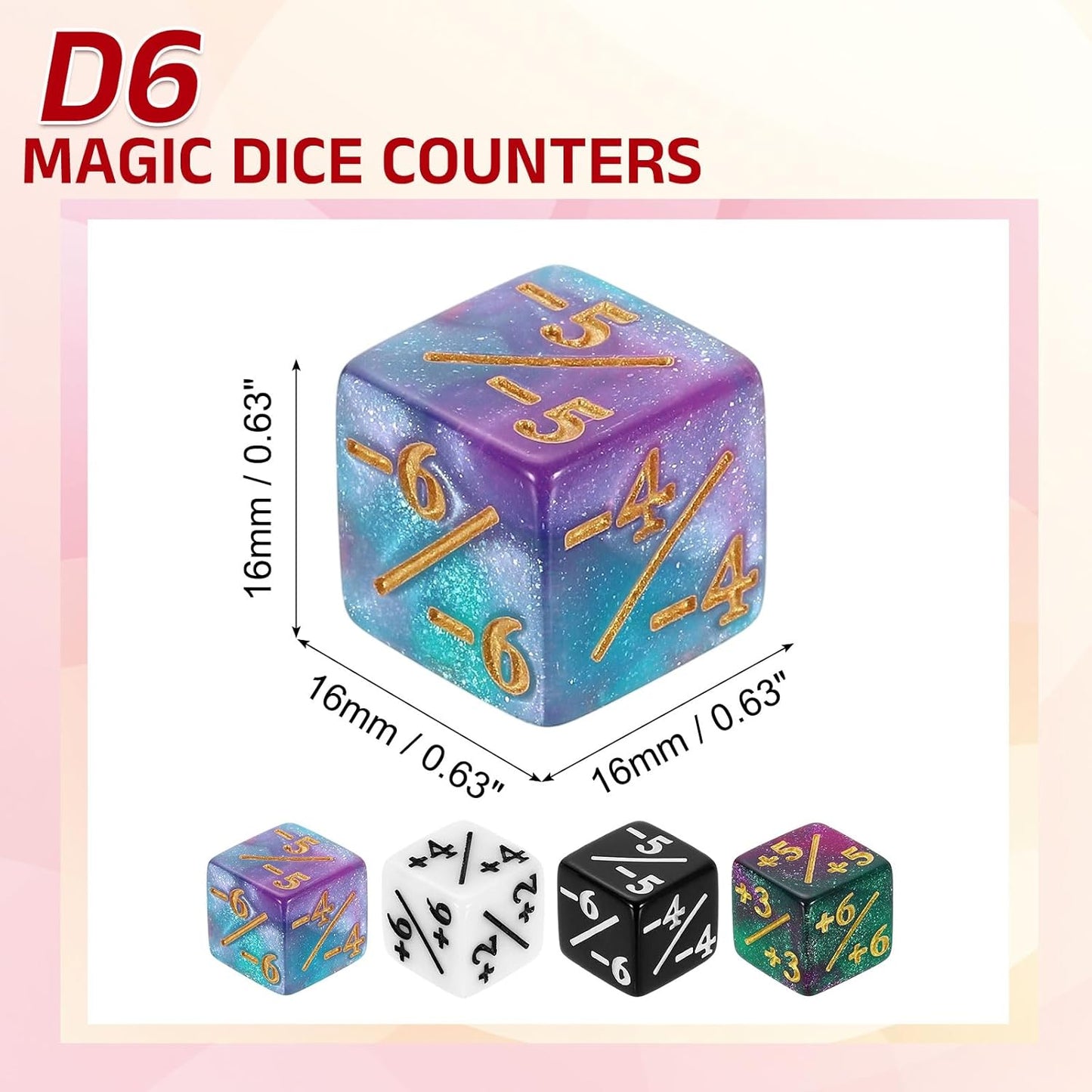 uxcell 48Pcs Magic Dice Counters, Acrylic D6 Life Token Dice Set with Pouch for Standard Cards Gaming Accessories, White, Black, Green & Purple, Blue & Purple