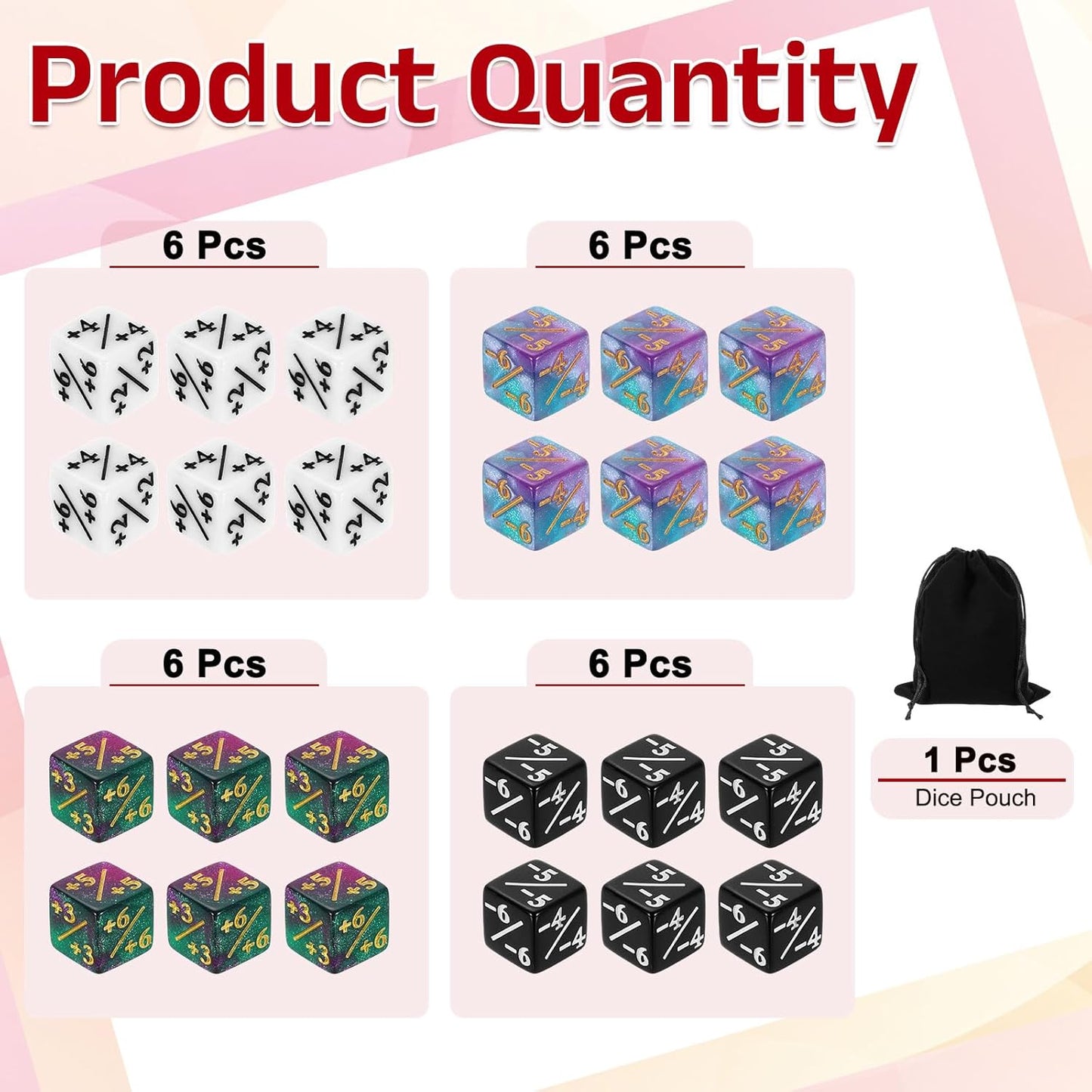 uxcell 24Pcs Magic Dice Counters, Acrylic D6 Life Token Dice Set with Pouch for Standard Cards Gaming Accessories, White, Black, Green & Purple, Blue & Purple