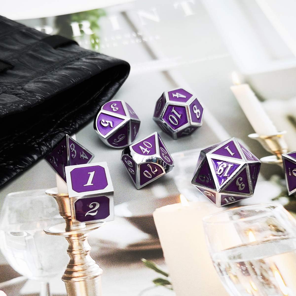 Haxtec Metal DND Dice Purple Silver with PU Leather Dice Bag D&D Dice Set for RPG Compatible with Dungeons and Dragons Gifts TTRPGs-Silver Royal Purple