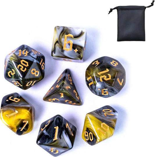 7-Die Polyhedral DND Dice Set for Tabletop Game, D&D Dice Set for Role Playing Games (Black&Yellow&White)