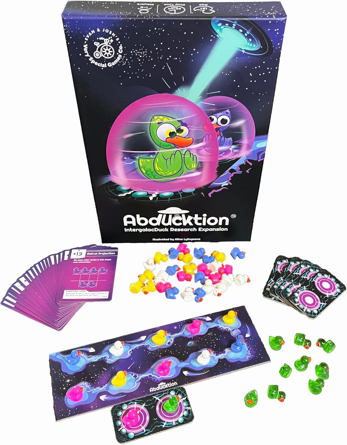 Abducktion - IntergalacDuck Research Expansion Pack, 25-30 Minutes, Additional Cards, 2 More Boards for up to 6 Players, and Glitter Ducks!