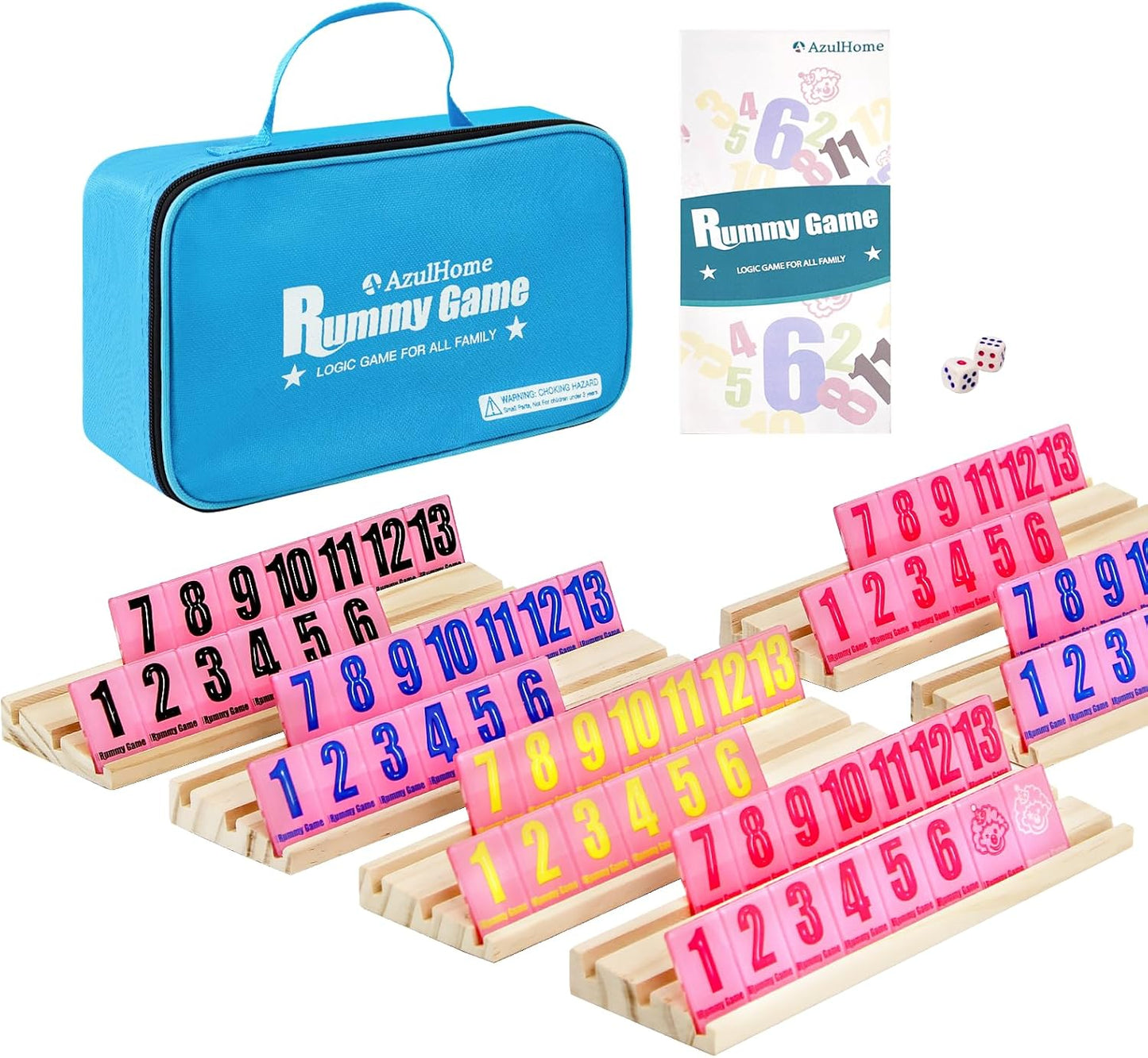 Rummy Cube 6 Player Edition with 6 Wooden Racks 160 Acrylic Tiles (1.5'') Rummy Game with Bag 6 Player Travel Size Rummy Game Large Number Rummy Tiles Game Set for Family Classic Board Games (Pink)