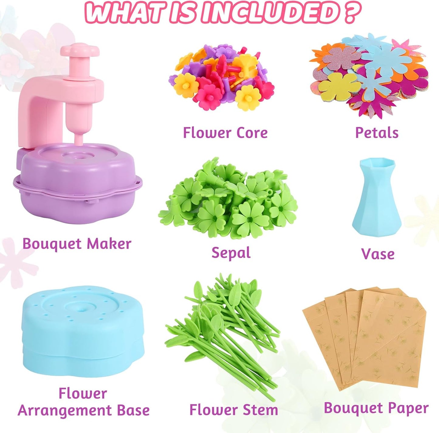 Flower Craft Kits for Girls - Arts and Crafts Toys for Kids Ages 4-8, Birthday Gifts for 4 5 6 7 8 9 Year Old Girls, Mess-Free Art Craft Activity Toys, DIY Flower Making Kit for Kids Preschool