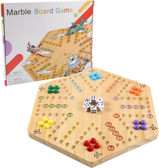 Original Marble Game Wahoo Board Game Double Sided Painted Wooden Fast Track Board Game for Family Friends and Party 6 and 4 Players 6 Colors 24 Marbles 6 Dice