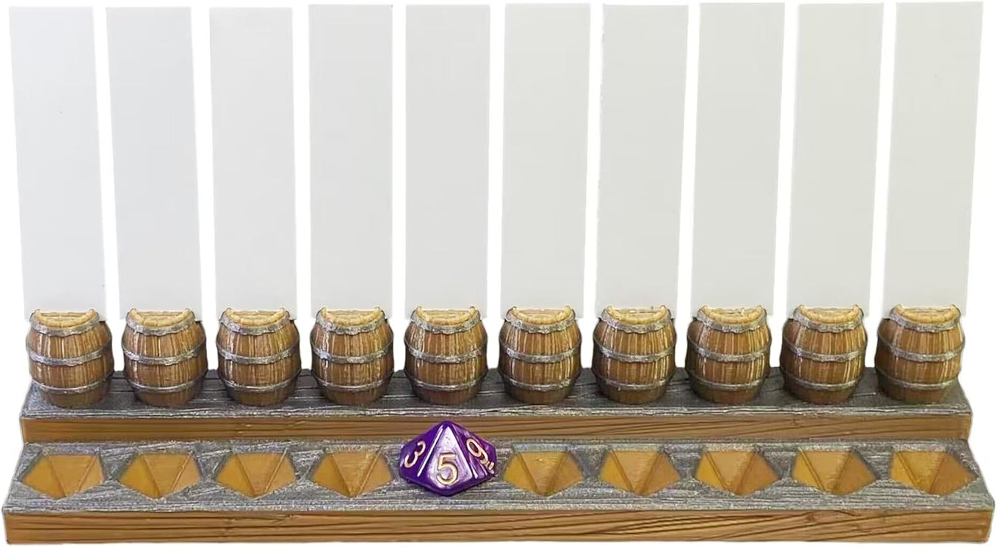 Initiative Tracker with 10 Barrel Slots, Erasable Name Tags, and Dice for Tracking Order. Ideal for DND and Other TTRPGs Brown with Silver