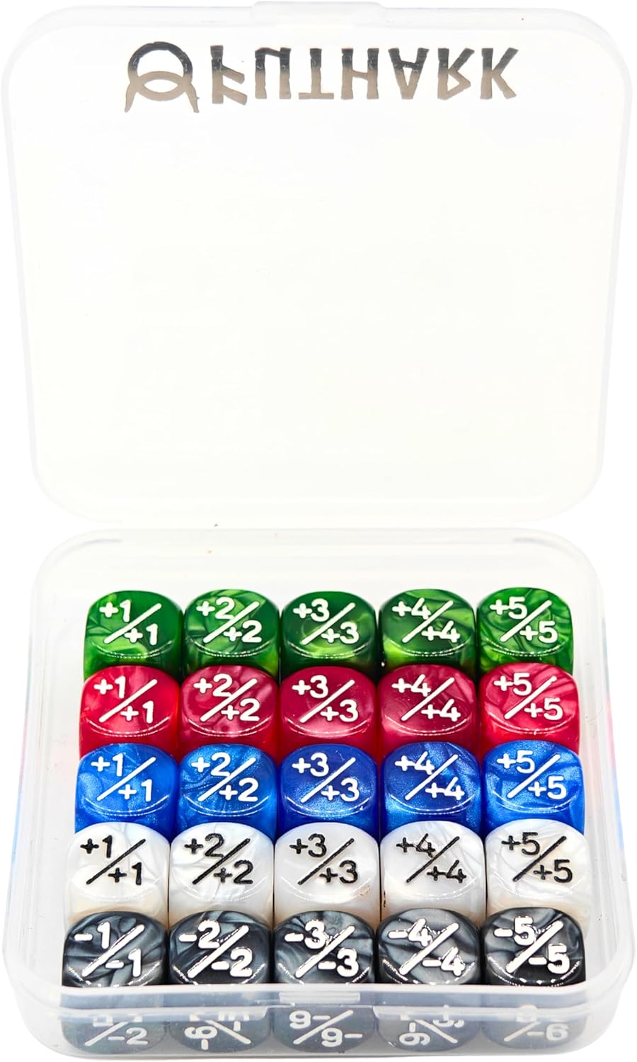 Futhark MTG Counter Dice Set - 25 Compact Multicolored Acrylic Dice with Plus/Minus Counters - Easy to Carry & Easy to Read - Accessories for Magic: The Gathering
